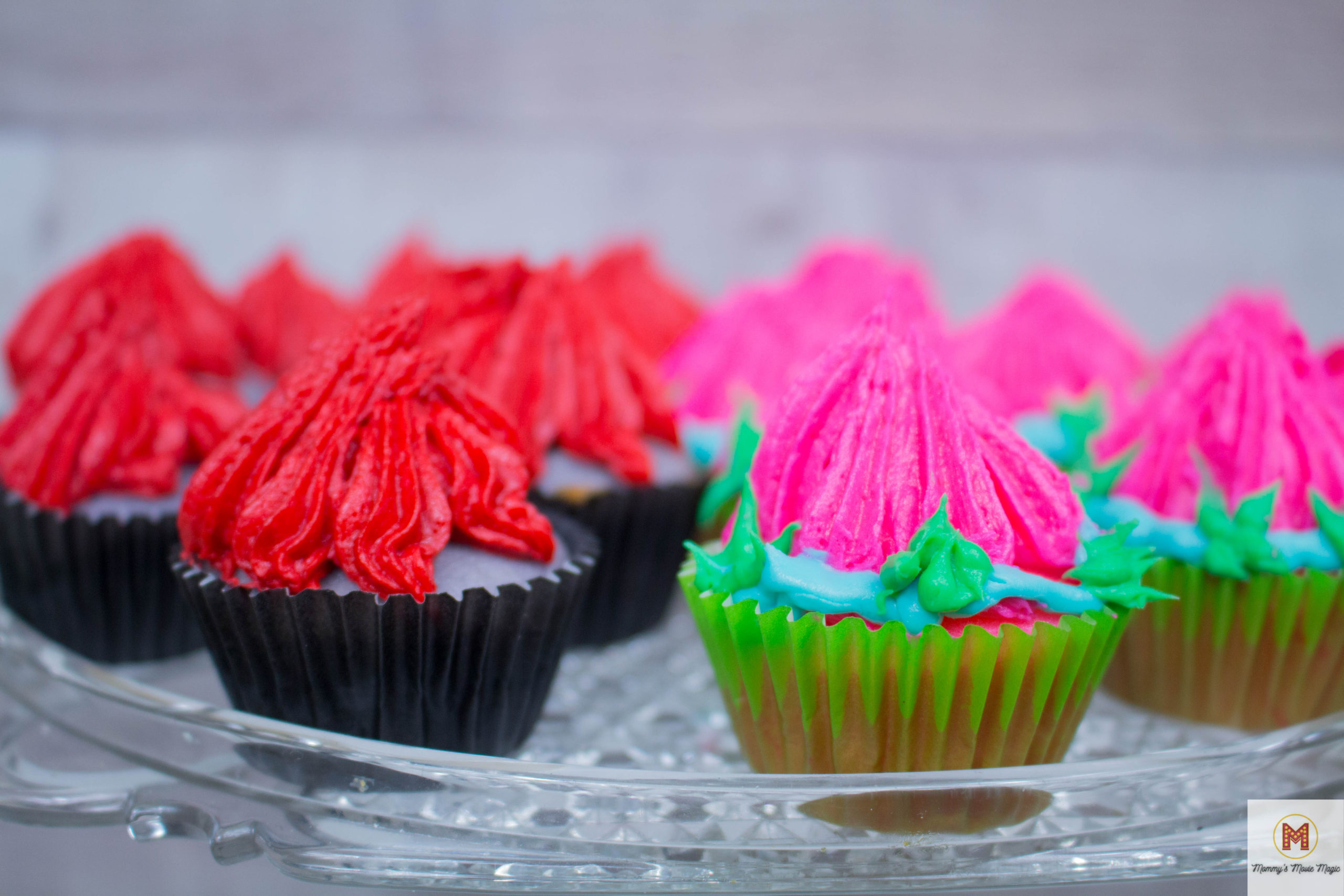 Trolls World Tour Movie Night for Family Movie night idea with Trolls World Tour Party food - Mini Queen Barb and Poppy Cupcakes